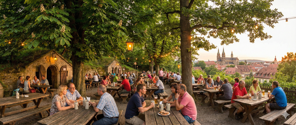 Malerischer Bierkeller im Wald mit Steinkrügen und Brotzeit