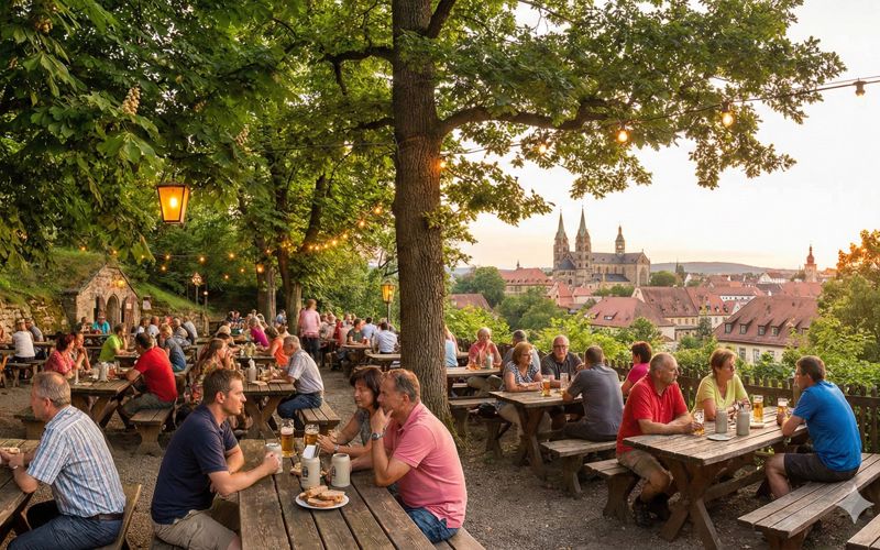 Malerischer Bierkeller im Wald mit Steinkrügen und Brotzeit