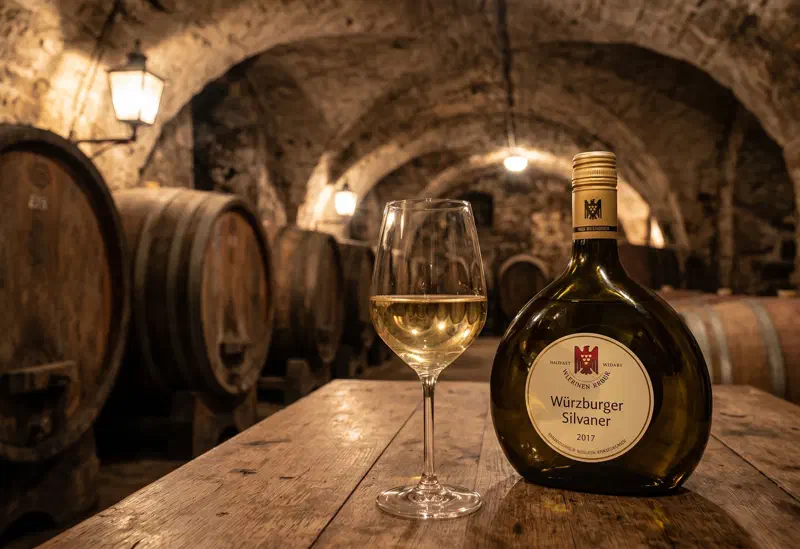 Glas Silvaner neben einem Bocksbeutel in einem Würzburger Weinkeller