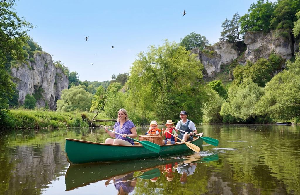 Kanu auf der Altmühl bei Eichstätt mit Jura-Felsen im Hintergrund