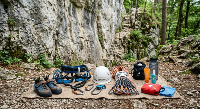 Klettergurt, Helm und Kletterschuhe auf einem Felsvorsprung im Frankenjura