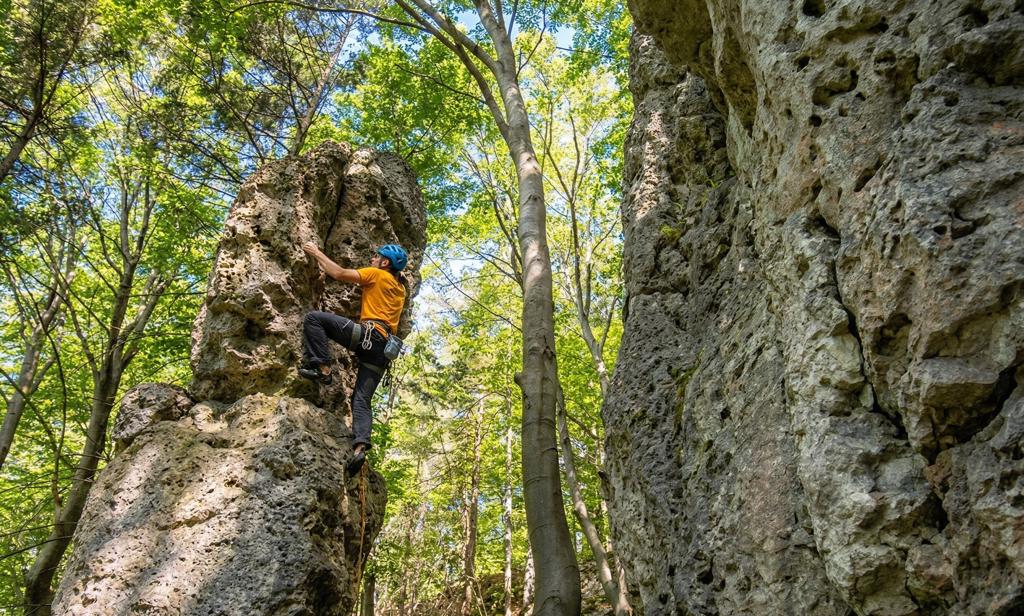 Anfänger klettert eine Kalksteinwand im Frankenjura, Fränkische Schweiz