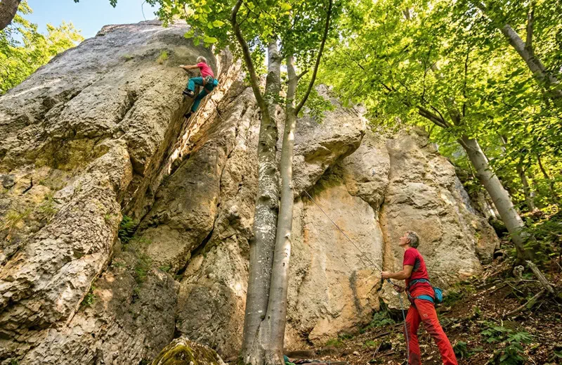 Kletterer an einem Anfängerfelsen im Frankenjura mit gut erreichbaren Routen
