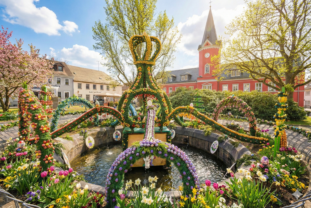 Prachtvoll geschmückter Osterbrunnen in der Fränkischen Schweiz mit tausenden bunten Eiern