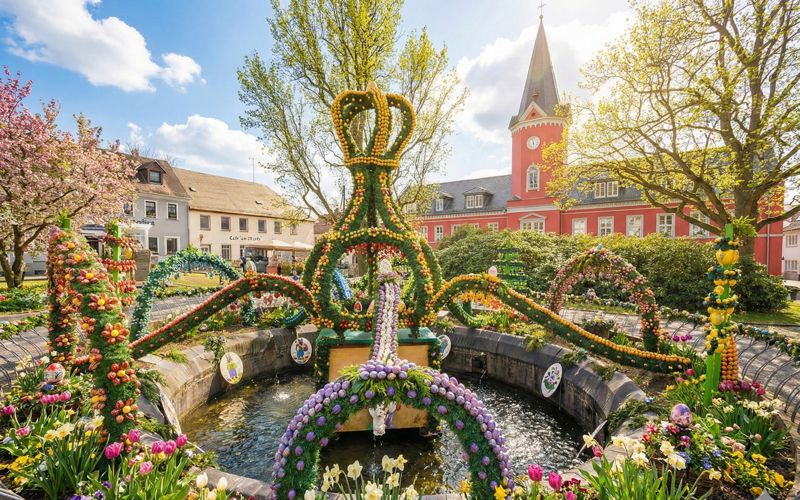 Prachtvoll geschmückter Osterbrunnen in der Fränkischen Schweiz mit tausenden bunten Eiern
