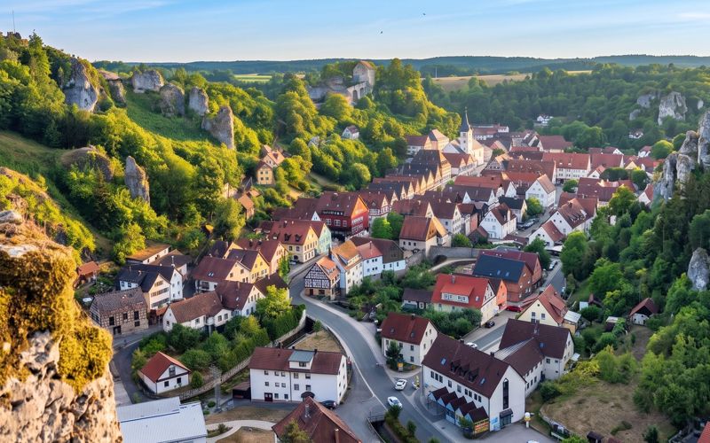 Pottenstein zwischen Fachwerkhäusern und Felsen