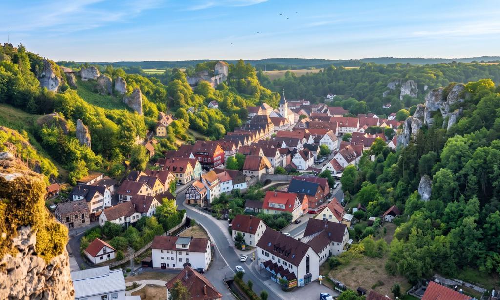 Pottenstein zwischen Fachwerkhäusern und Felsen