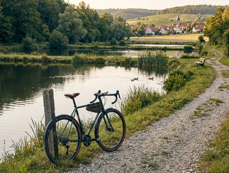 Fahrrad direkt an friedlichen Teichen im Aischtal auf geschottertem Weg