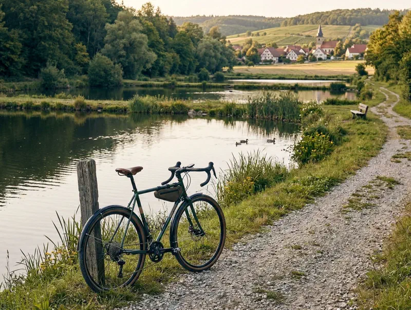 Fahrrad direkt an friedlichen Teichen im Aischtal auf geschottertem Weg