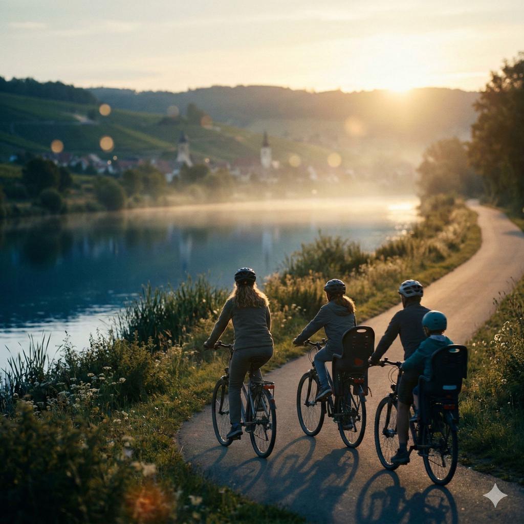 Familie auf Fahrrädern fährt einen flachen Flussradweg im sommerlichen Franken entlang