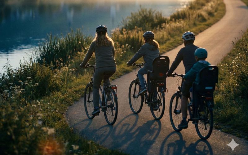 Familie auf Fahrrädern fährt einen flachen Flussradweg im sommerlichen Franken entlang