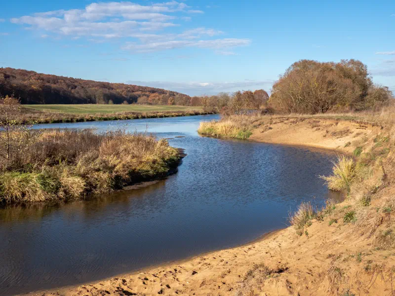 Regnitz mit sandigem Ufer in den Buger Wiesen vor Bamberg