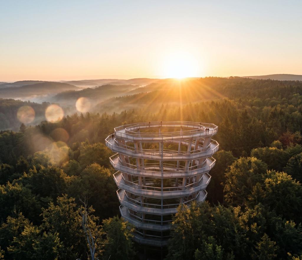 Familie mit Kinderwagen auf dem Baumwipfelpfad im Steigerwald bei Ebrach