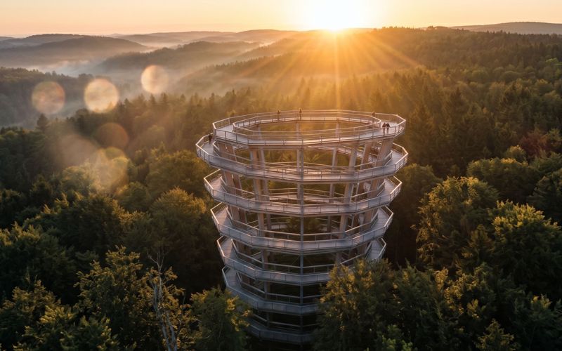 Familie mit Kinderwagen auf dem Baumwipfelpfad im Steigerwald bei Ebrach