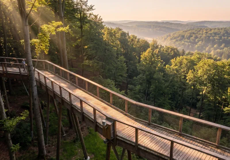 Der Baumwipfelpfad im Steigerwald bei Ebrach, mit Kindern und Kinderwagen unterwegs auf dem Holzsteg zwischen den Baumkronen