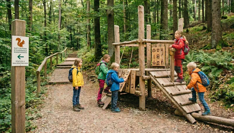 Kinder auf einem markierten Wanderweg im Naturpark Steigerwald, spielen an einer Holzstation
