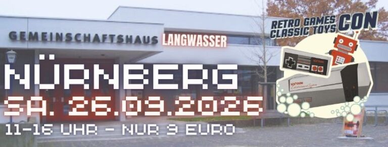 Ankündigungsgrafik der RetroGamesCon Nürnberg vor dem Gemeinschaftshaus Langwasser