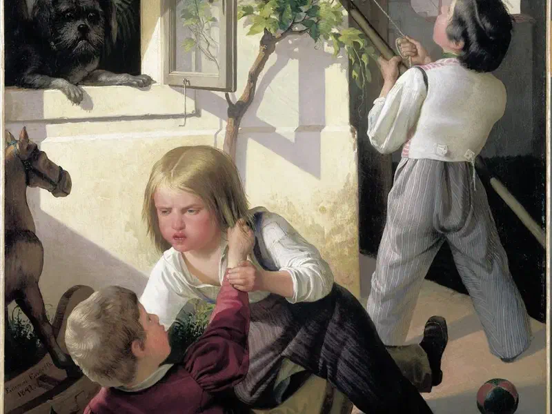 Raufende Buben als Spielmotiv in der Ausstellung Playtime im Museum Georg Schäfer