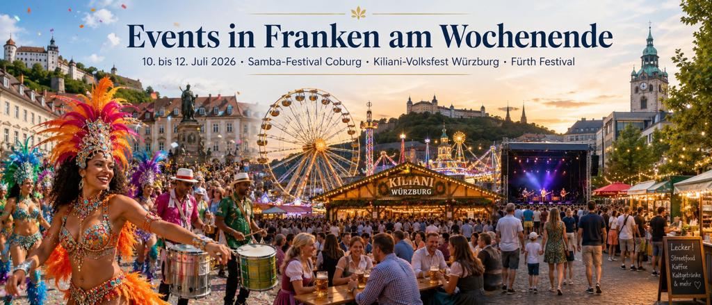 Events in Franken am Wochenende 10. bis 12. Juli 2026: Samba-Festival Coburg, Kiliani-Volksfest Würzburg, Fürth Festival