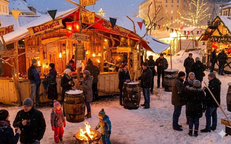 Weihnachtsmarkt und Mittelaltermarkt auf der Fürther Freiheit bei Abendlicht
