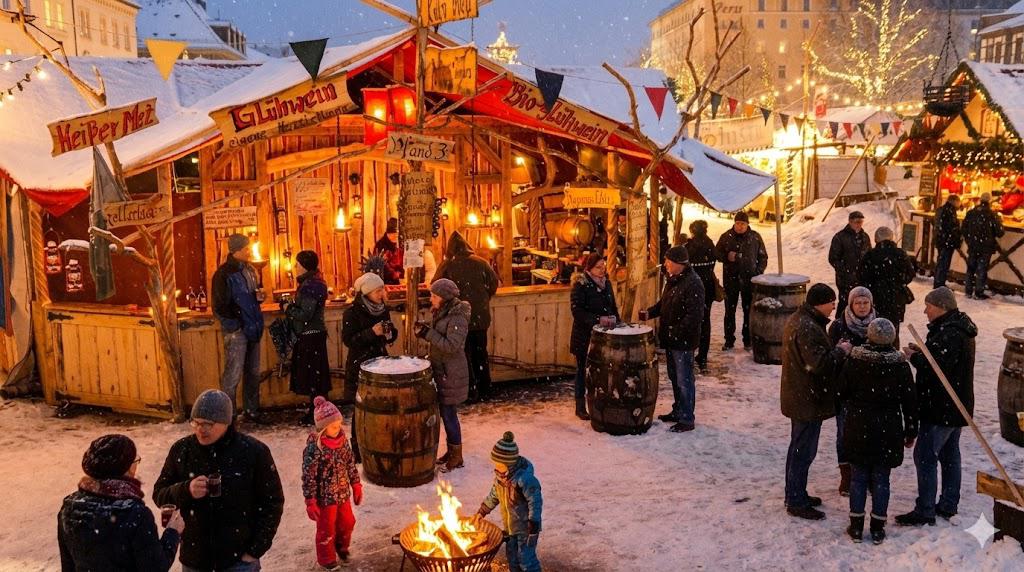 Weihnachtsmarkt und Mittelaltermarkt auf der Fürther Freiheit bei Abendlicht