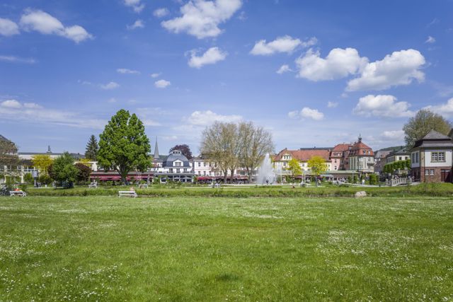 Rosengarten in Bad Kissingen mit Springbrunnen und Häusern am Rand