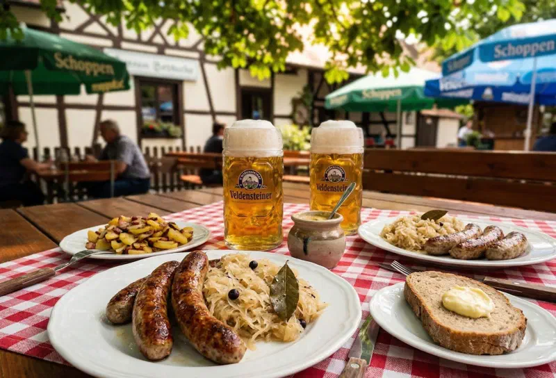 Traditionell auf einem Zinnteller servierte Nürnberger Rostbratwürste mit Sauerkraut und Bauernbrot