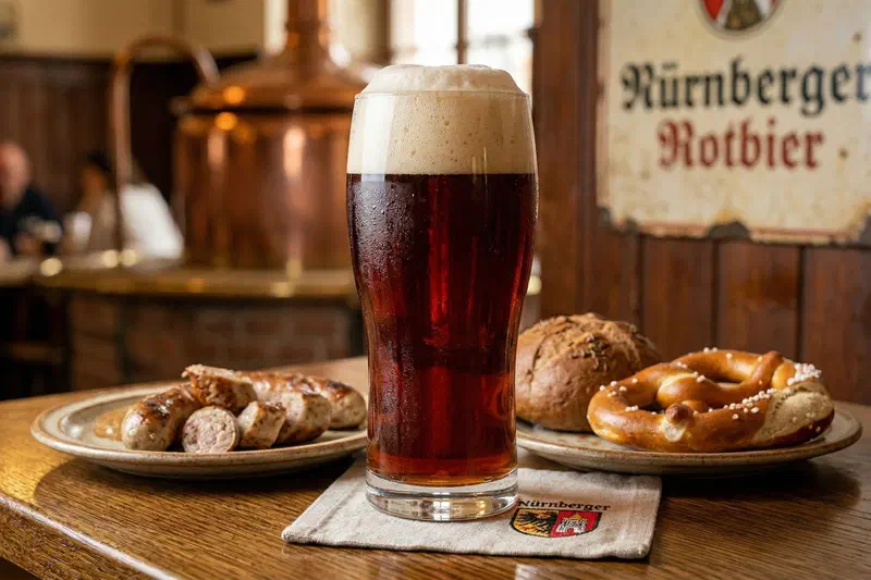 Ein Glas Nürnberger Rotbier mit seiner charakteristischen kupferroten Farbe, serviert in einem traditionellen Bierkrug
