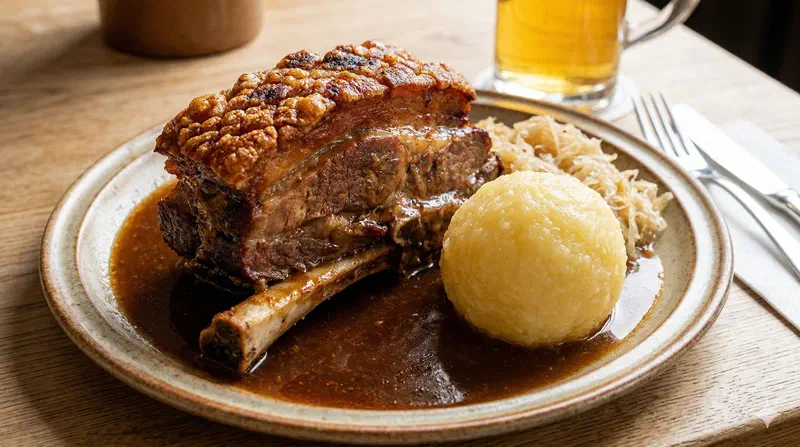 Knuspriges Schäufele mit Kartoffelklößen und dunkler Soße in einem fränkischen Wirtshaus in Nürnberg