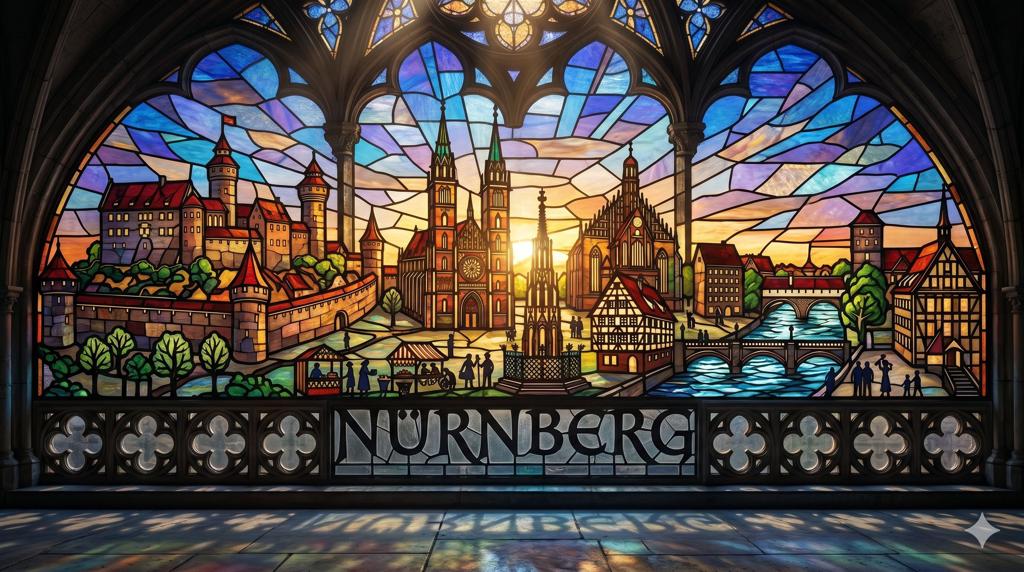 Nürnbergs Attraktionen in einem Kirchenfenster: Kaiserburg, Hauptmarkt, St. Sebaldus und St. Lorenz