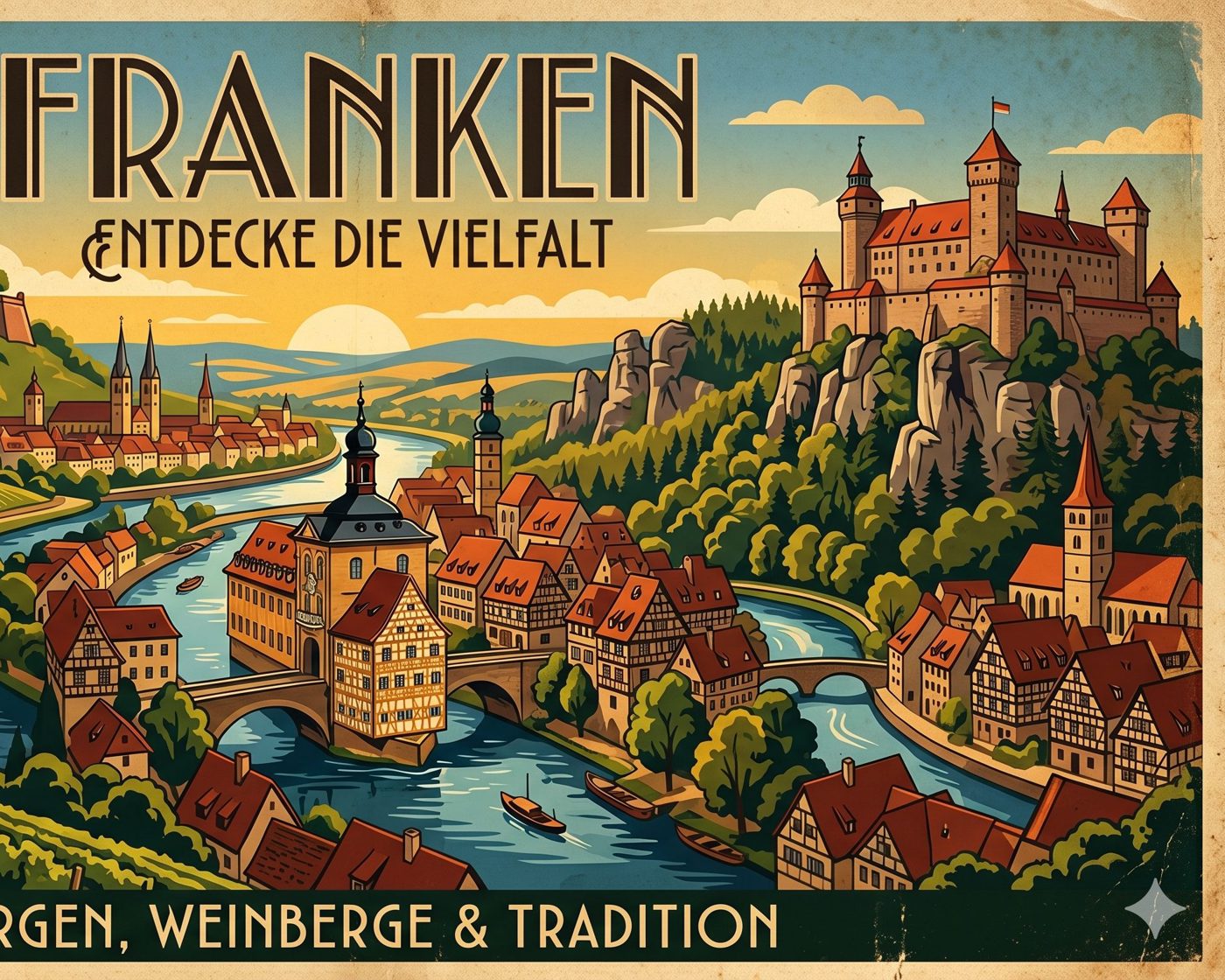 Stilisierte Franken-Collage mit Burg, Weinbergen und dem Text Franken, entdecke die Vielfalt, Burgen, Weinberge und Tradition