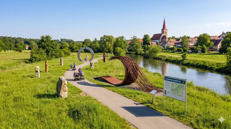 Kunstweg im Rednitztal Schwabach mit Skulpturen entlang des Flussufers *Symbolbild KI-generiert