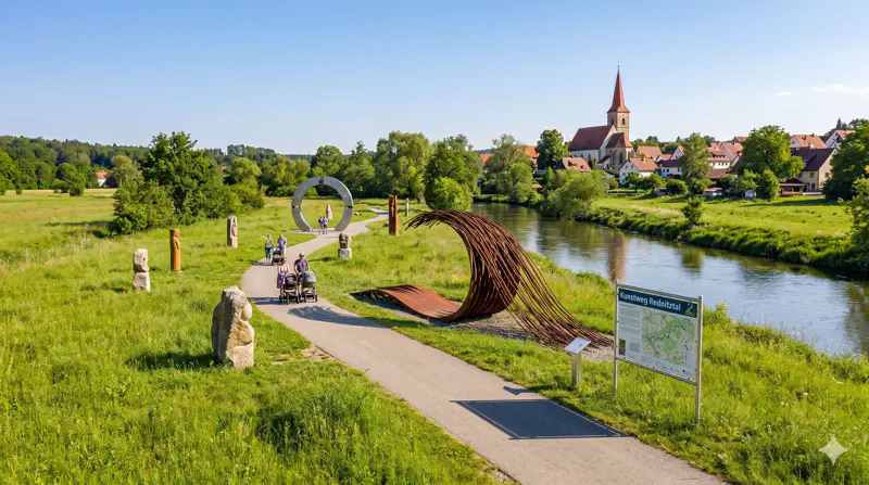 Kunstweg im Rednitztal Schwabach mit Skulpturen entlang des Flussufers *Symbolbild KI-generiert