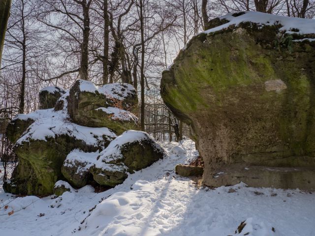 Regenschirmfelsen im winterlichen Felsengarten Sanspareil