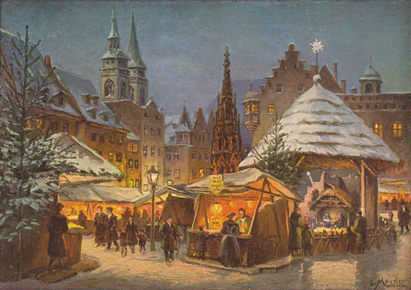 Blick über den Nürnberger Christkindlesmarkt bei Nacht gemalt von Ludwig Mößler