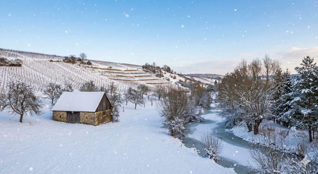 Winterstimmung in Franken mit verschneiten Wäldern und sanften Hügeln.